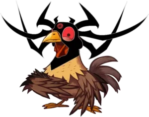 Cartoon game character: a brown-feathered rooster with a black head, red eye, and large black antler-like horns.