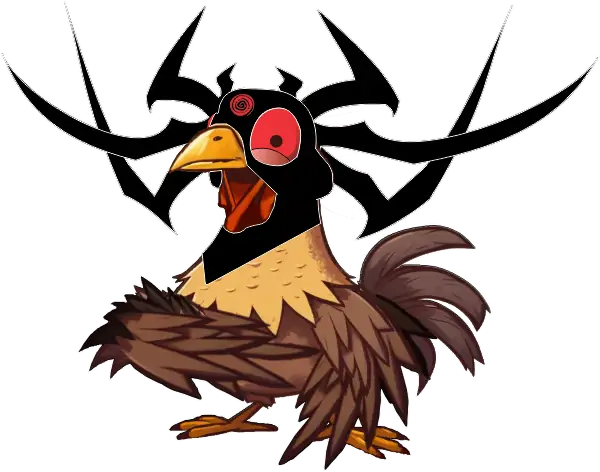 Cartoon game character: a brown-feathered rooster with a black head, red eye, and large black antler-like horns.