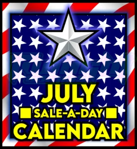 Twilight Comics Star Spangled Savings July 2026 Sale-A-Day Calendar with daily comic shop deals and Liberty Star sticker rewards.