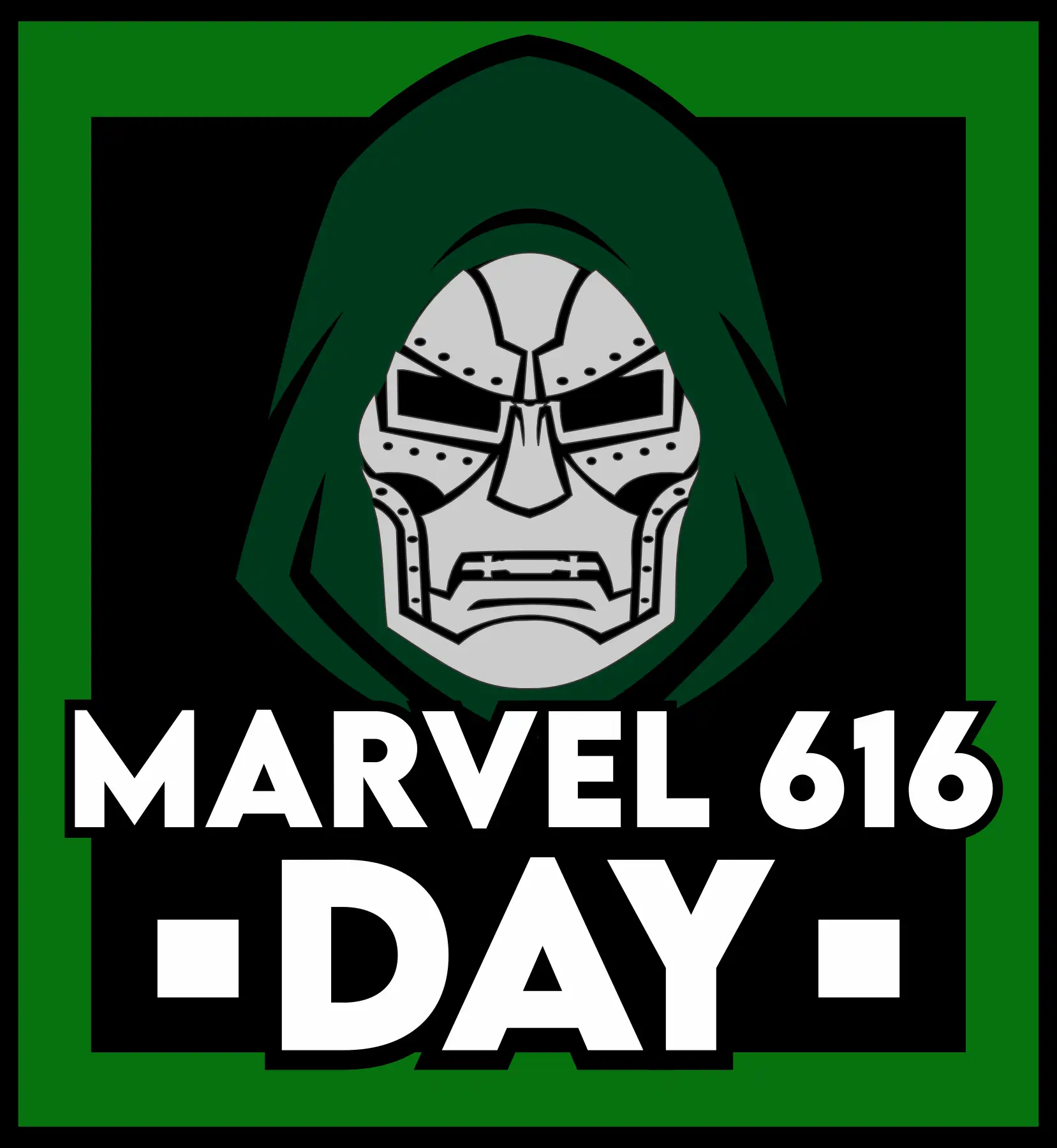 Green hooded figure with a stylized gray skull mask on a black background and bold MARVEL 616 DAY text. (poster style)